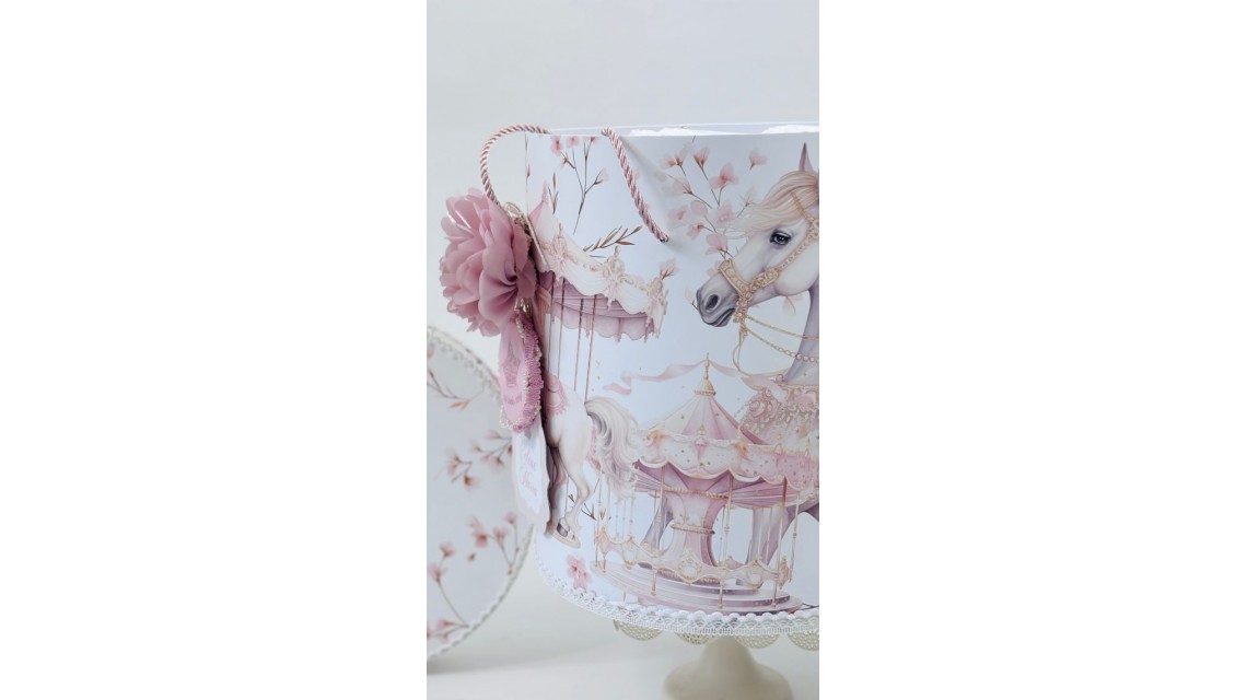 Trusou botez carusel cu cai roz pal si flori pastelate Pink Carousel 5